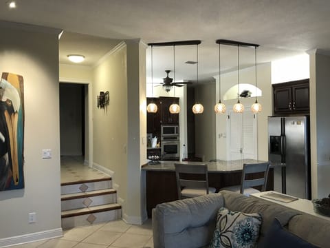View of kitchen from living area. 3 steps up to the wet bar & front door.