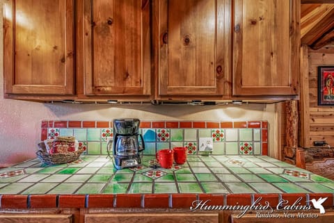 View of the colorful countertops in the kitchen
