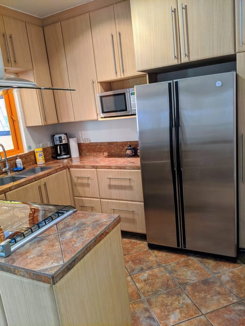 Gourmet Kitchen has Full Size Refrigerator and Plenty of Cabinet Storage