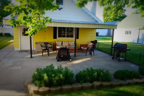 Covered Patio with LED lights, bluetooth audio, firepit, grill and extra seating
