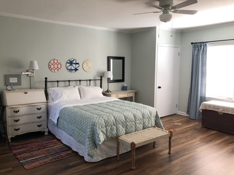 Upstairs is spacious and bright; blinds & blackout curtains help control light.