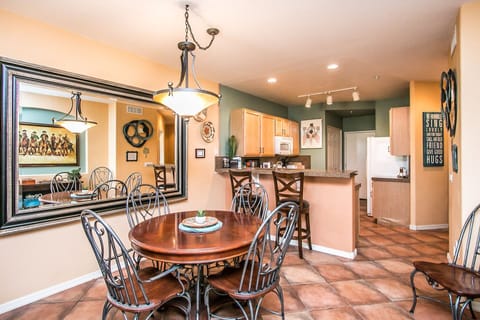 Dining table open to seat six. 