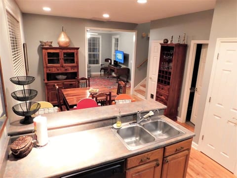 Looking from kitchen to dining area and living room. 