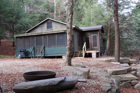 Front view of cabin with fire ring in foreground.