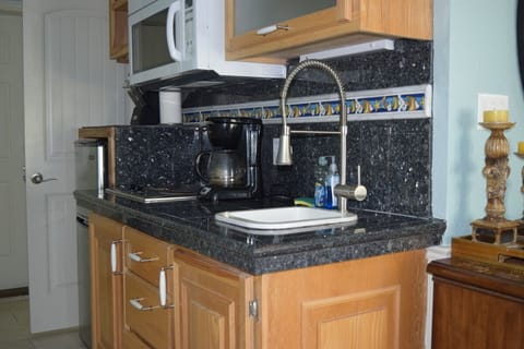 Apartment kitchenette, fridge, microwave, sink, coffee maker and 2 burner stove
