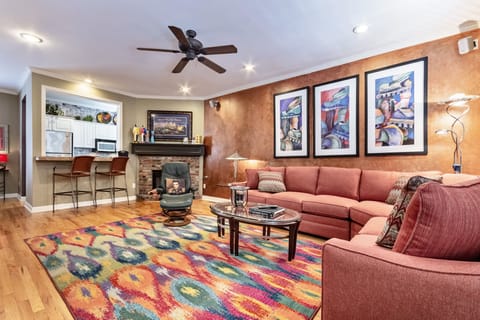 Living area looking through bar to kitchen