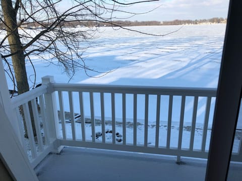 Master balcony overlooking lake (winter photo)