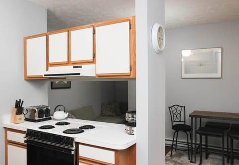 Recently refurbished kitchen opens up to the living room/dining area.