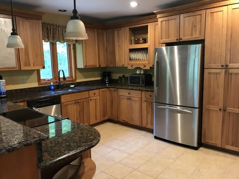 Large refrigerator and freezer. Granite counters for easy cleaning.