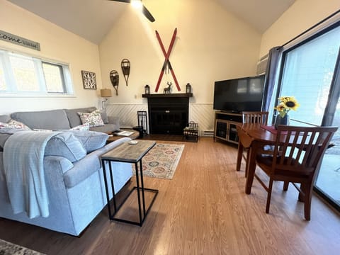 Comfortable living room with wood burning fireplace