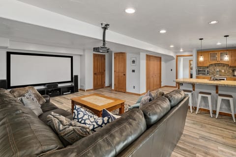 The den includes a kitchenette with a wine fridge, mini fridge and bar sink