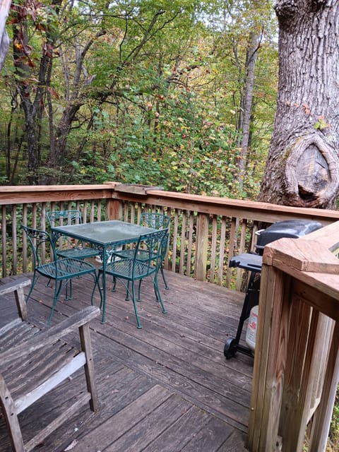 Rear deck in the trees with table and chairs and gas grill.  wonderful place for