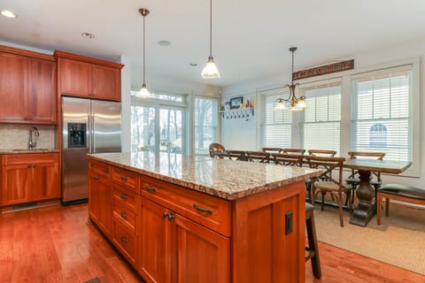 The kitchen has abundant natural lighting.