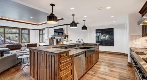 This view of the contemporary kitchen highlights the intricate details and finishes, emphasizing both style and comfort in a luxurious setting.