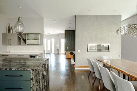 Luxury finishes, including a double sided fireplace and marble countertops.