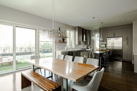 Large live edge dining table that includes seating for up to 9