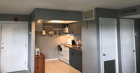Kitchen view showing front door the left and hallway to the right 