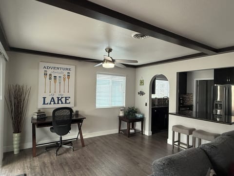 Desk work area if needed and Kitchen Bar area.