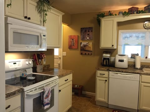Microwave, electric stove/oven, Keurig coffee and ice makers.