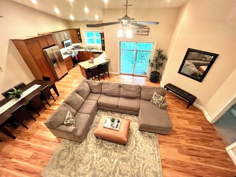 Birdseye view of the great room, dining area and kitchen