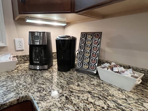Coffee station: Keurig + K Cups, 12 cup brew, creamer, sugar, sweeteners.