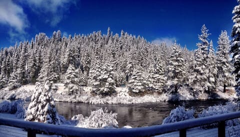 Wintertime view of river and mountains from living/dining/den/kitchen