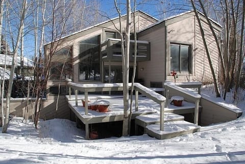View of home from golf course, winter. 
