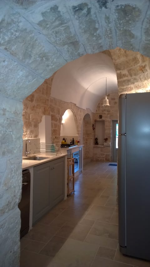 The kitchen has a large fridge/freezer
