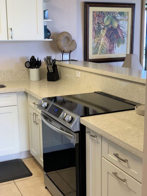 New white kitchen cabinets with new quartz countertop and new range/stove