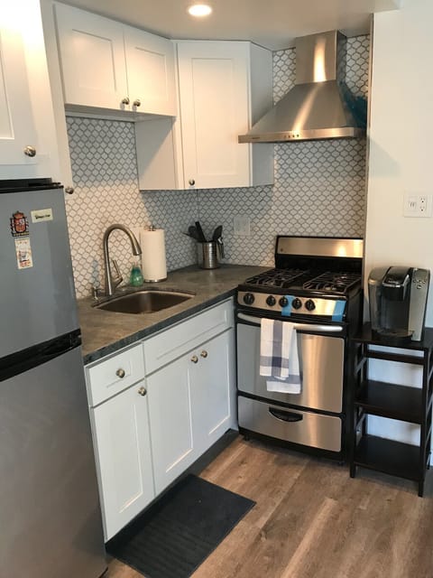 Remodeled Kitchen with fridge, stove, oven, microwave, and cooking supplies.