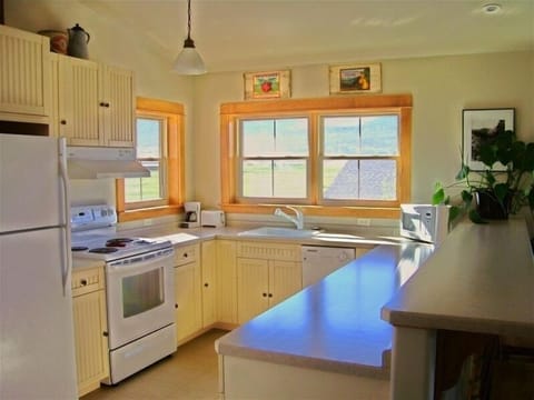 Morning light in the fully equipped kitchen with views to east and south.