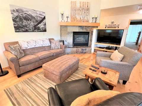 Living room with a cozy gas fireplace