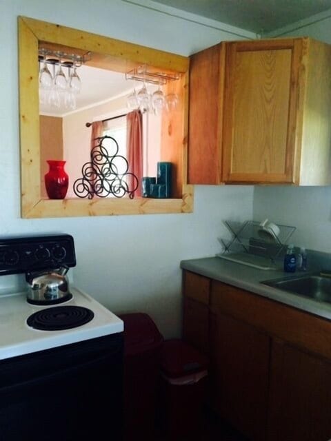 Stove has 4 burners & oven, sink, and wine rack opening