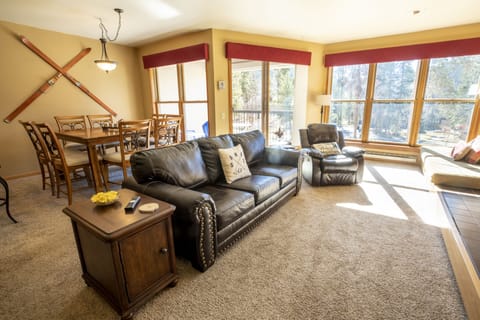 Living room with queen-sized pullout sofa and dining room.