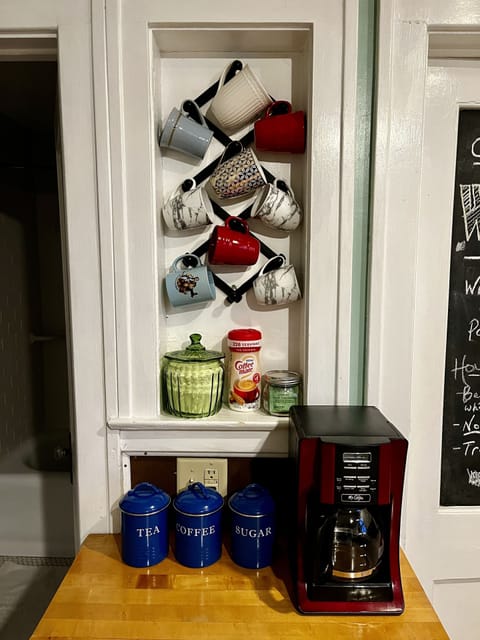 Drip coffee pot, Kurig available in pantry.