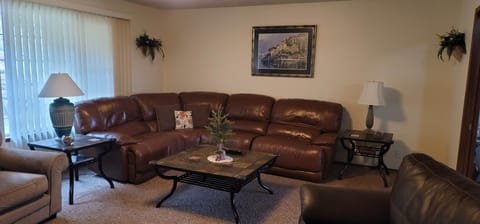 Living Room Leather Reclining Couch, 2 Accent Chairs and Smart TV with DVD Player