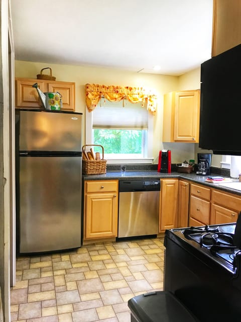 The kitchen has a all stainless-steel, top of the line appliances