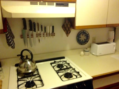 Gas stove, toaster. Also microwave and Keurig and big coffee pot. 