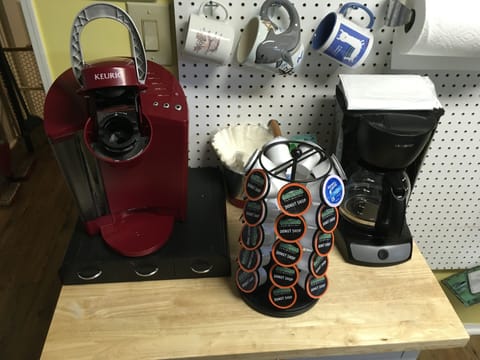 We supply k cups for our guest with a Keurig, coffee pot, filters, sugar-enjoy!