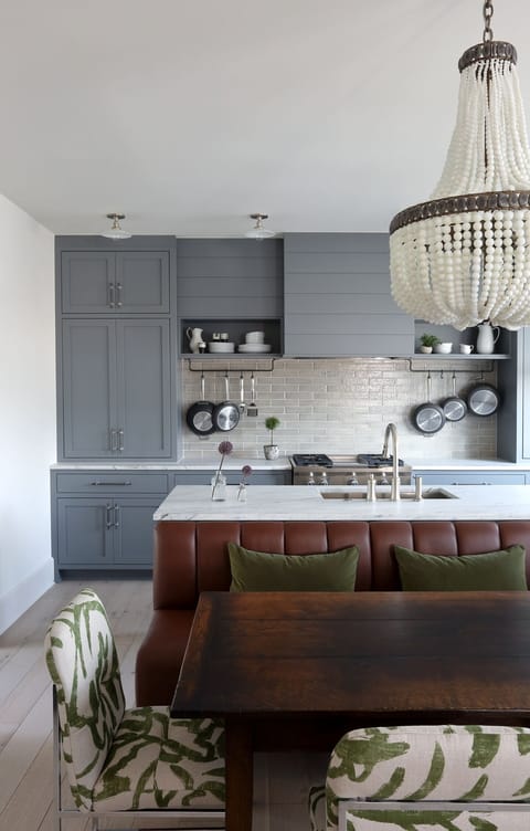 Kitchen dining with custom cabinets and banquette. Chairs in Zak + Fox fabric.