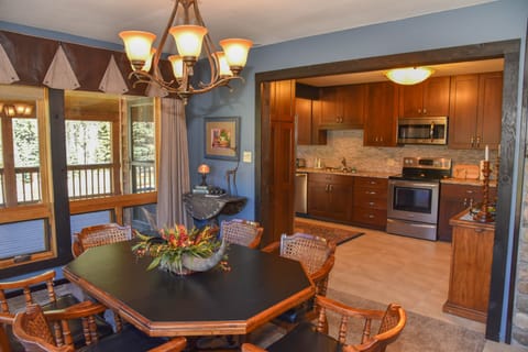 The kitchen connects to the dining room, making it wonderfully easy for mealtime