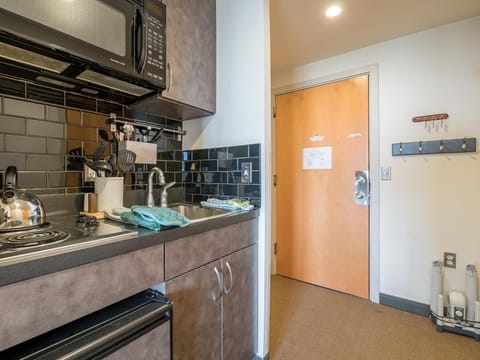 View of the front door of the unit form within the studio.