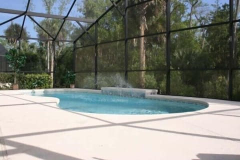 Pool & pool deck overlooking wooded conservation area.
