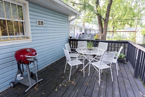 Large rear deck (newly rebuilt) with table to seat 6.  Cooler and electric grill