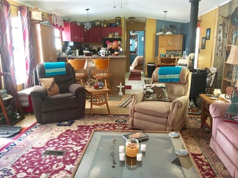 Comfy seating in living room with rocker, recliner and fold out queen sofa!