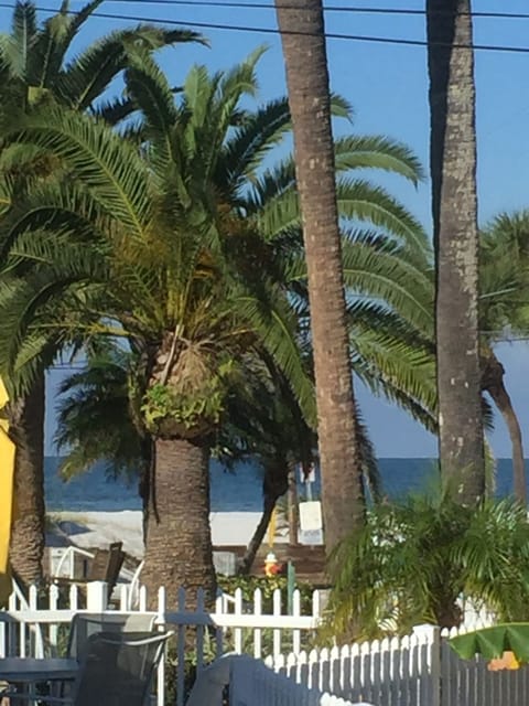 View of beach and ocean from fromt room of house.
