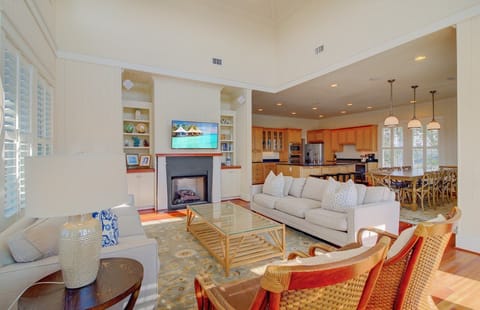 Living, dining, and kitchen seamlessly blend.