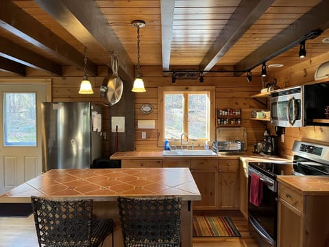 Kitchen with induction stove and island. In-ceiling speakers.