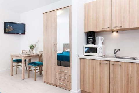 The kitchenette is compact and modern, featuring light wooden cabinets, a countertop, and essential appliances like a stove and coffee maker. It’s functional and seamlessly integrated into the living space.