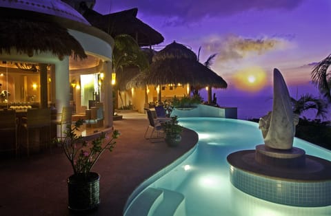 VIEW ACROSS POOL TO LIVING ROOM AND PALAPA BAR